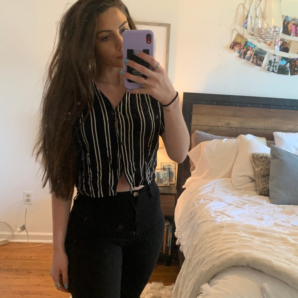 Dark Navy Blue Striped Collared  Button Up Blouse